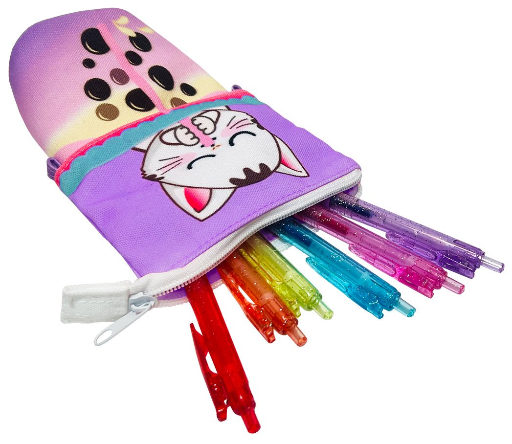 Sippin' Boba Kitty Collapsible Pencil Case w/ 6 Gel Pens
