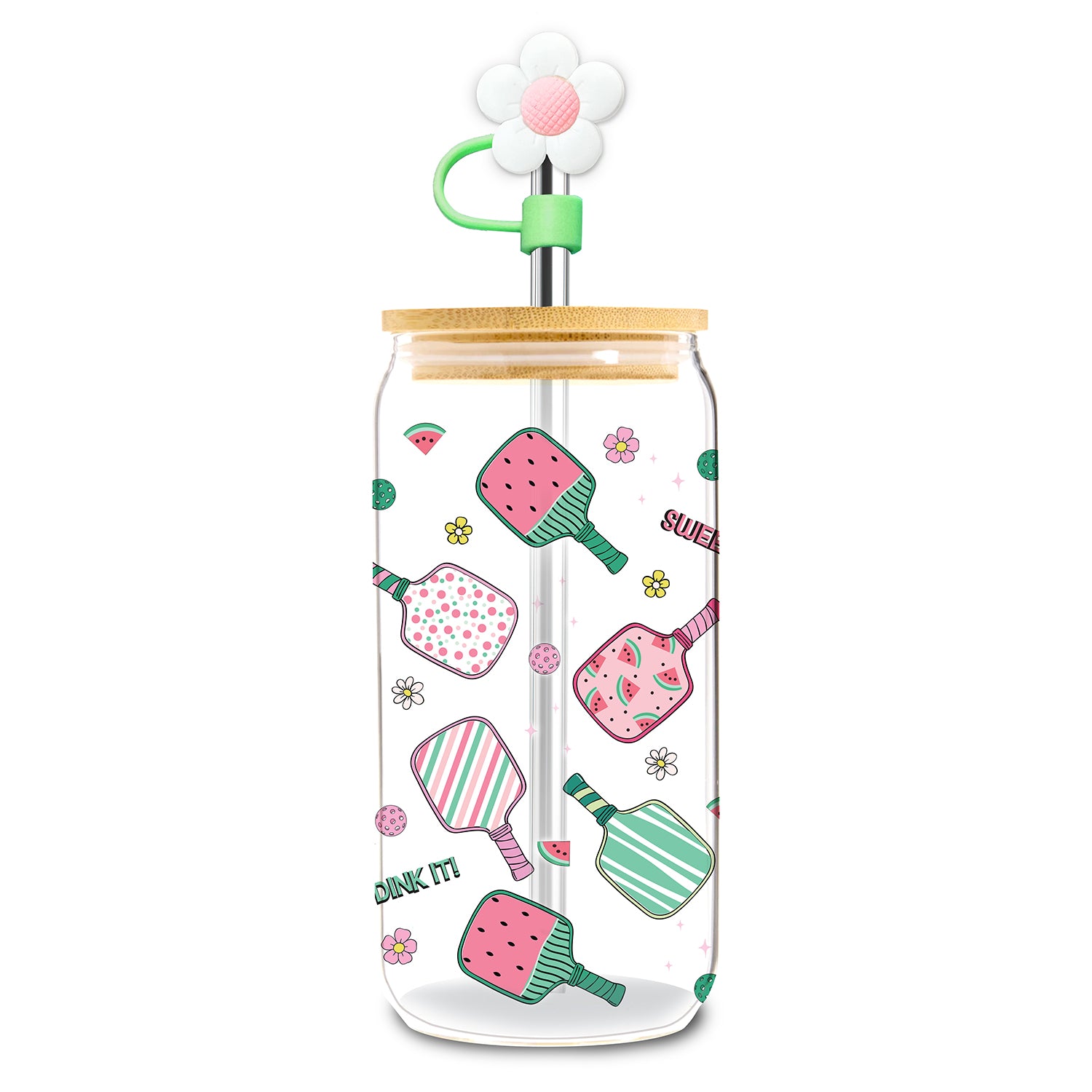 16 oz Glass Tumblers w/ Bamboo Lid, Straws & Toppers