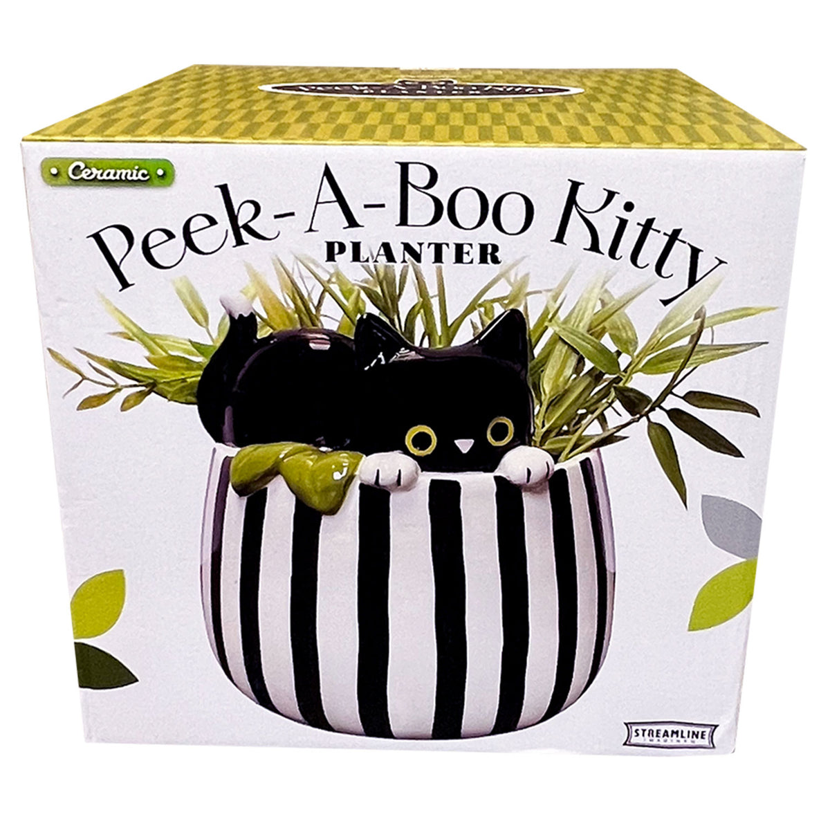 Peek-A-Boo Kitty Planter, Ceramic, Black, White, Drainage Holes