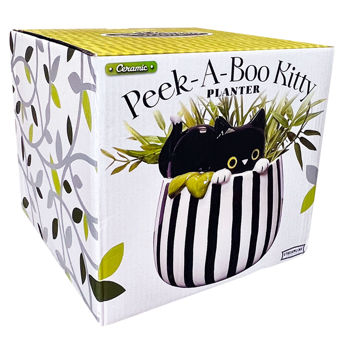 Peek-A-Boo Kitty Planter, Ceramic, Black, White, Drainage Holes