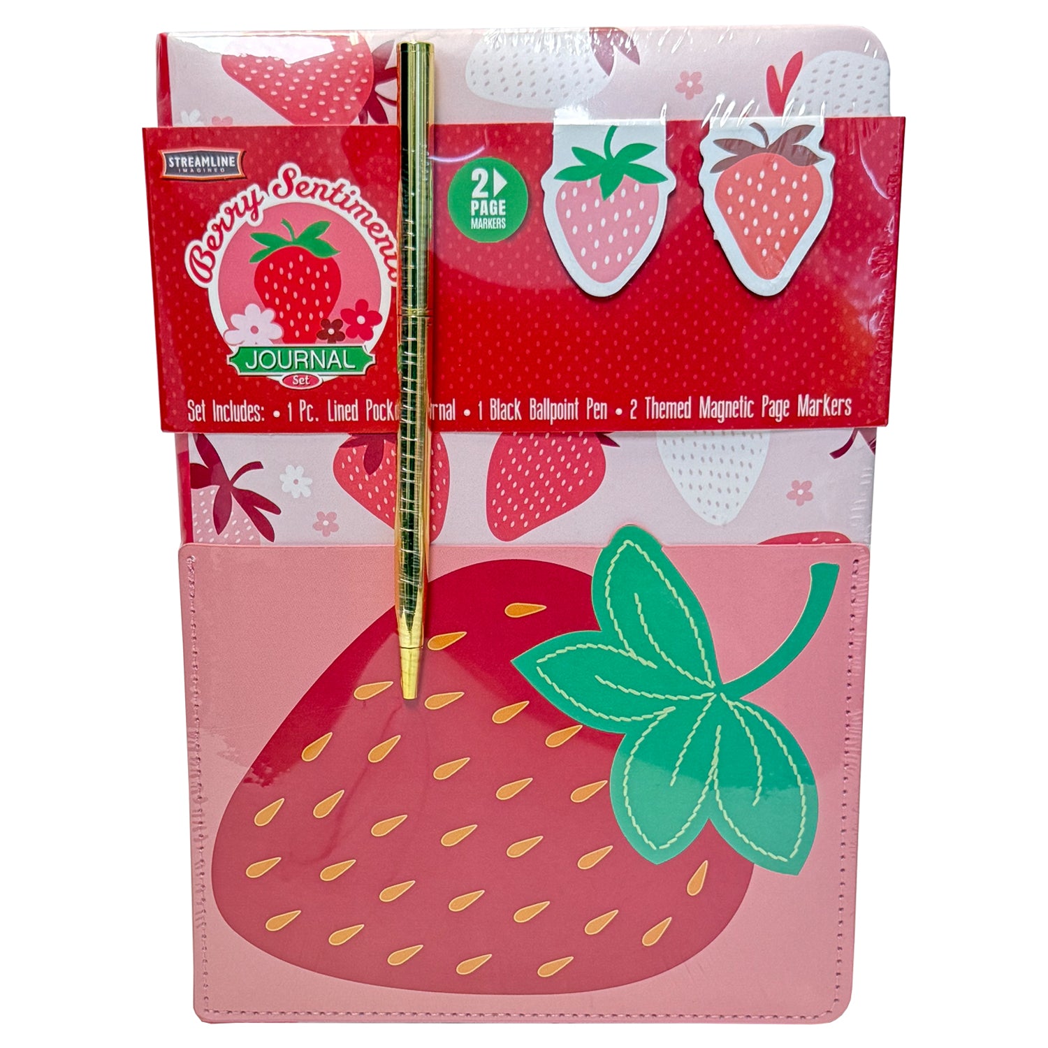 Strawberry Pocket Journal w/ Pen (2 Magnet Page Markers)