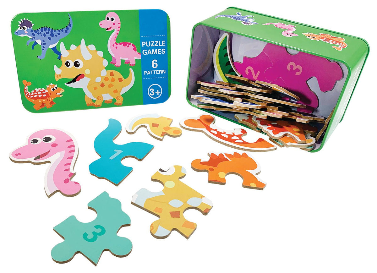 Wooden Animal Puzzles in a Tin